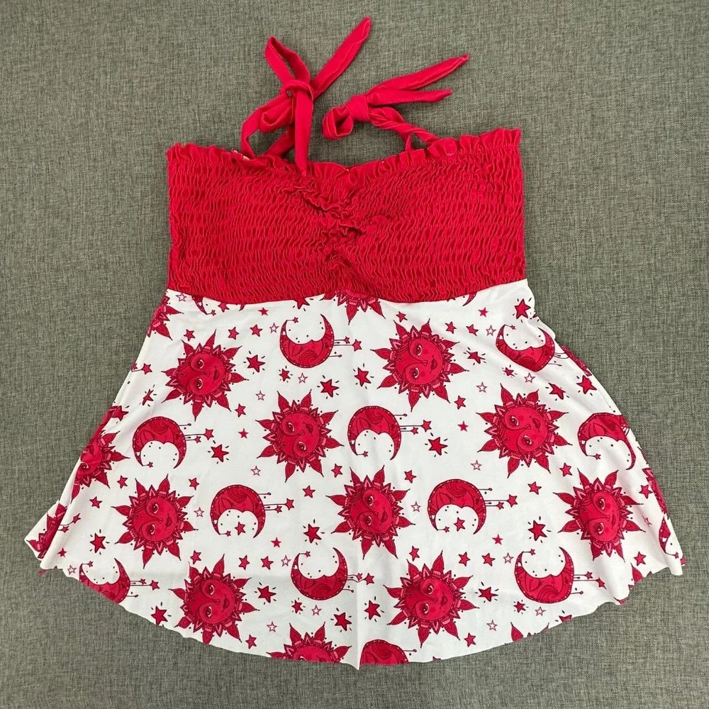 Tankini Swimsuit Dress Sun & Moon Red White Tie Straps Stretchy Removable Pads L